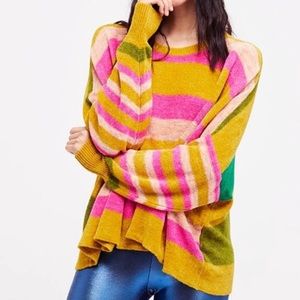 Free People Oversized Green Pink Striped Sweater
